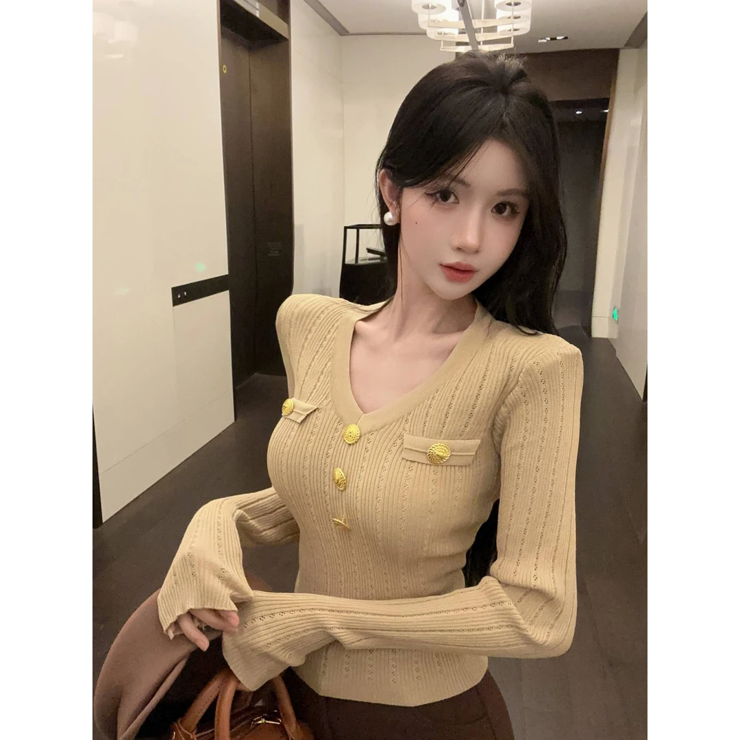 秋冬新款法式复古辣妹性感Ｖ领长袖针织衫女高腰修身显瘦别致上衣