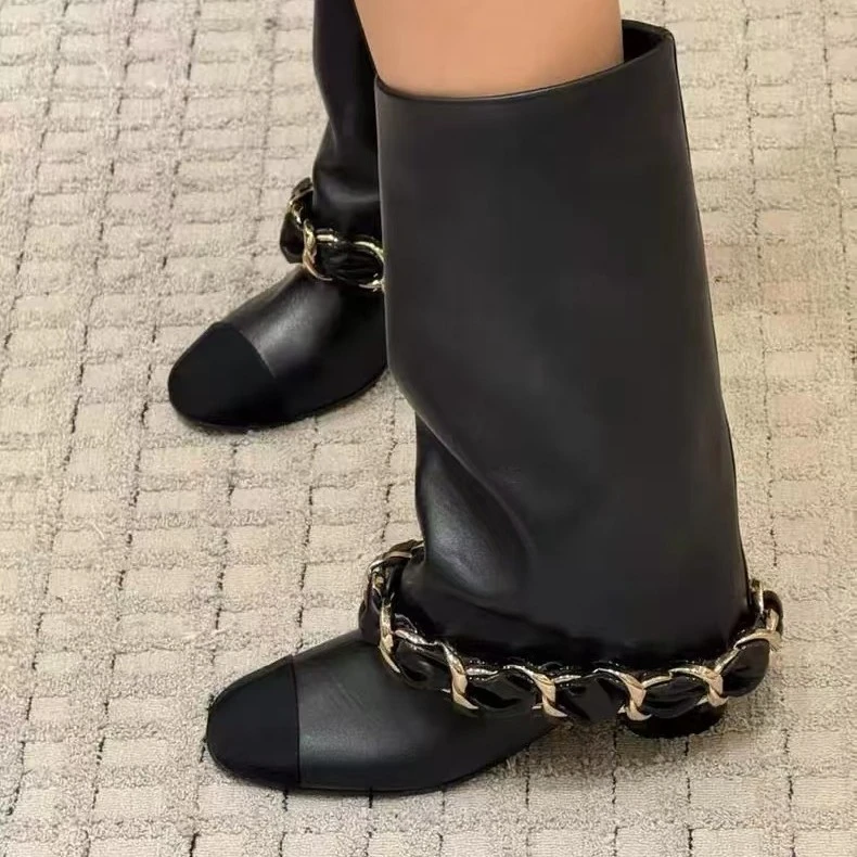 小香风金属链子高筒裤管靴女时尚不过膝辣妹长筒靴骑士靴女靴