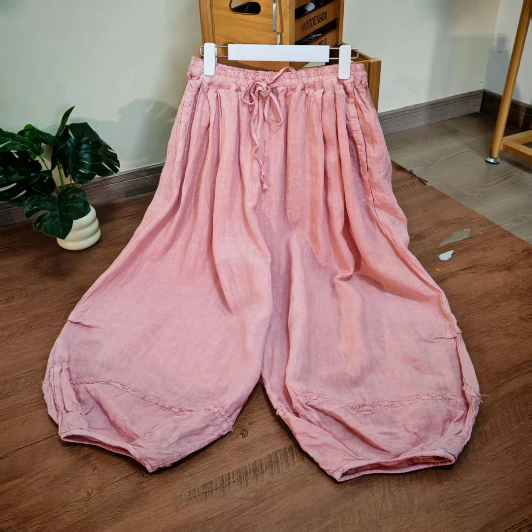 【云目悠悠】春夏季纯汉麻细节设计纯色宽松女士灯笼裤-2025329