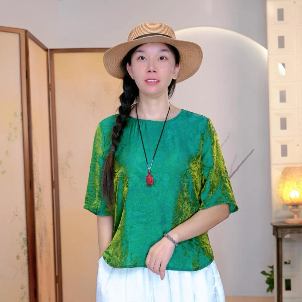 四色圆领中袖浮光锦渐变夏季新款小衫