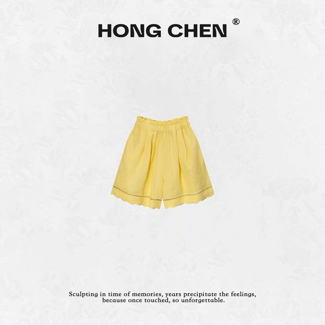 【虹辰】高端进口舒适亚麻时尚镂空花边百搭高级感休闲短裤--HC2697