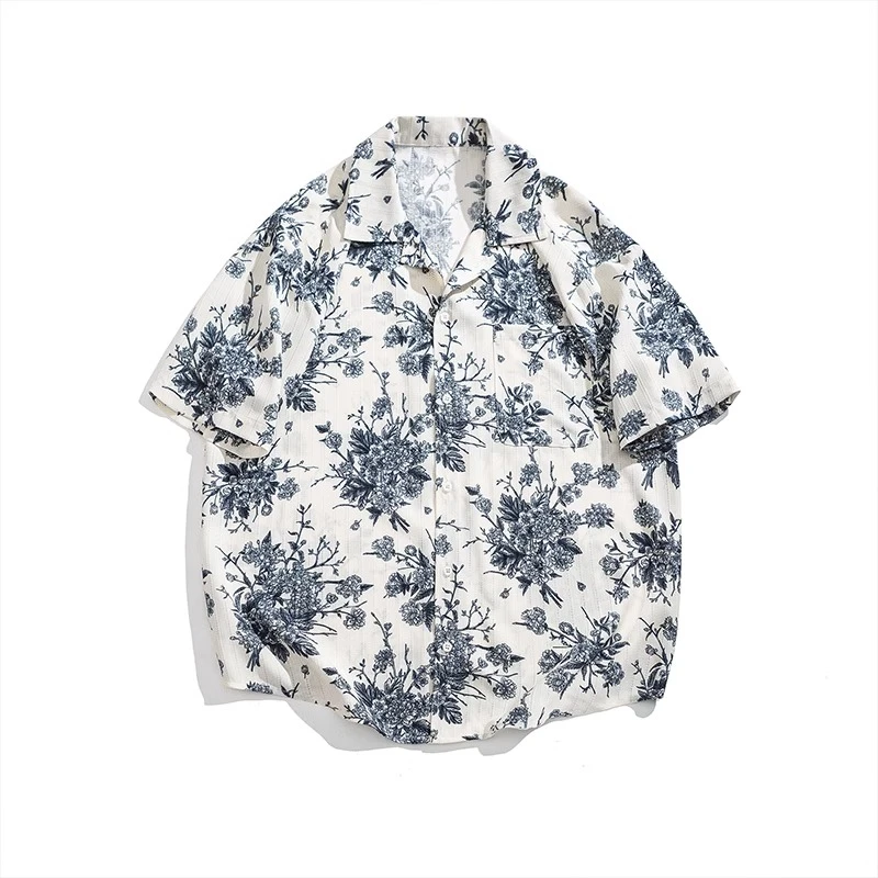 印花衬衫男短袖夏季冰丝宽松大码衬衣新中式中国风居士服男装