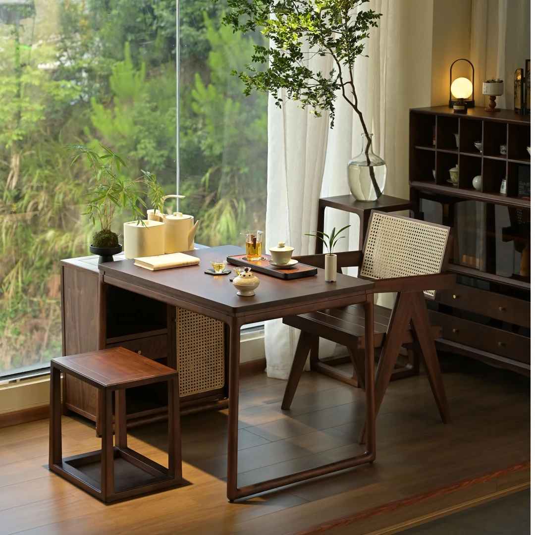 新中式家用缅甸黑胡桃木茶桌套装禅意阳台餐厅泡茶桌