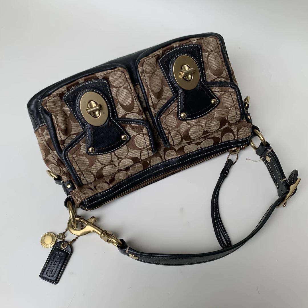 95新 COACH/蔻驰 经典百搭时尚复古帆布老花双兜黑金单肩机车包