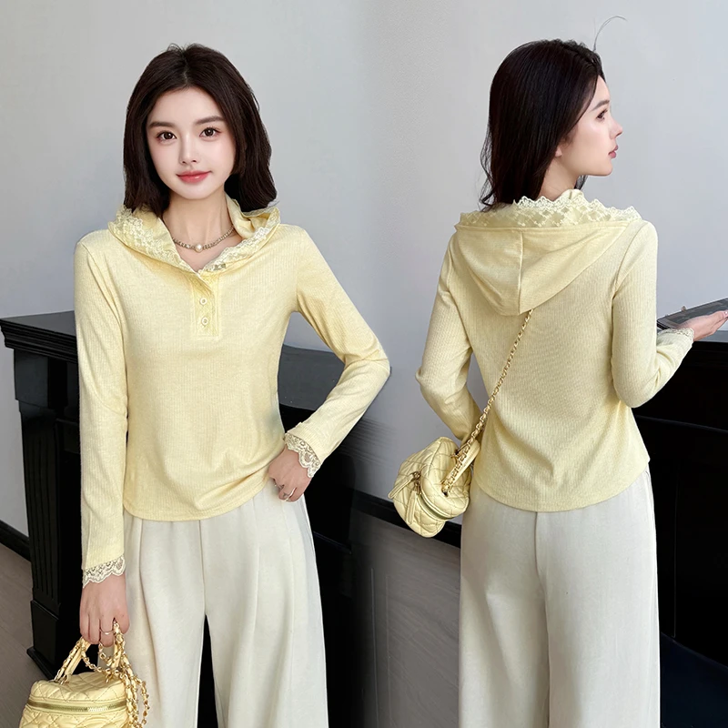 拼接蕾丝休闲风常规长袖T恤女2025秋季新款修身连帽套头打底衫潮