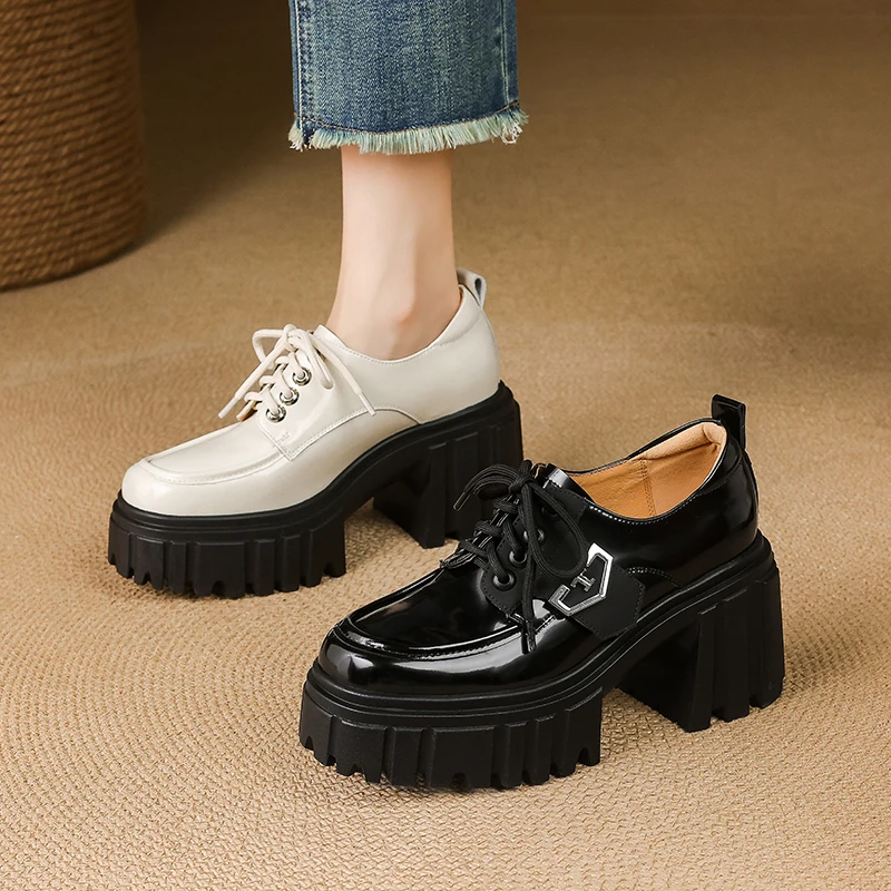 9CM增高小个子厚底粗跟深口单鞋女2025新款真皮系带防水台高跟鞋