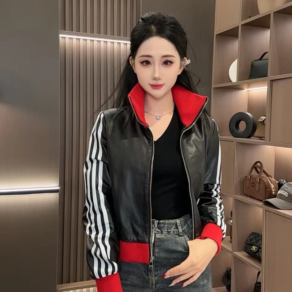 【七月推荐】春季设计师高领撞色百搭外套皮衣女-QIYUE-096