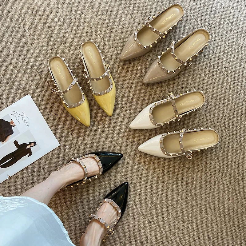 时尚铆钉内增高平跟单鞋女亮面软皮尖头时尚外穿搭包头半拖凉鞋女
