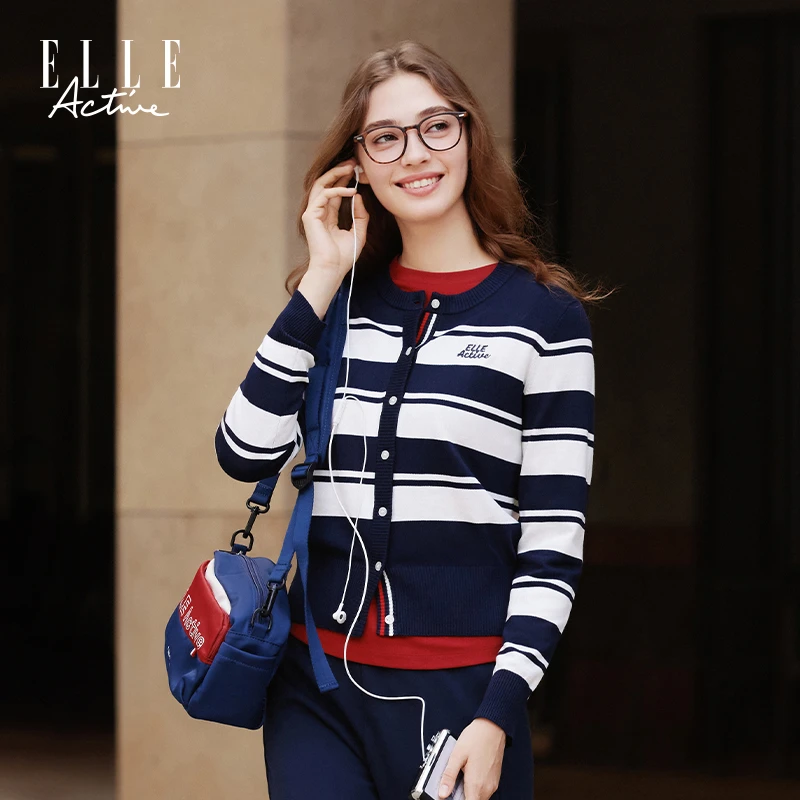 ELLE Active秋季条纹针织开衫撞色时尚外套圆领休闲气质上衣女装