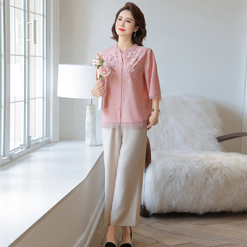 妈妈夏装国风两件套2025新款中式高档小衫中老年女士薄款套装