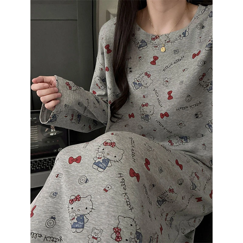 纯棉长袖睡裙女春秋季2025新款卡通KT猫睡衣可爱休闲加大码家居服
