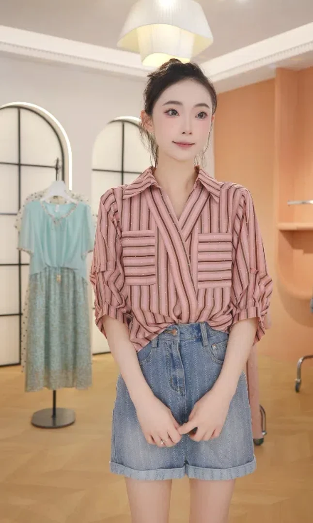 X005高端条纹衬衫女2025夏季新款时尚气质减龄高级感衬衣百搭上衣