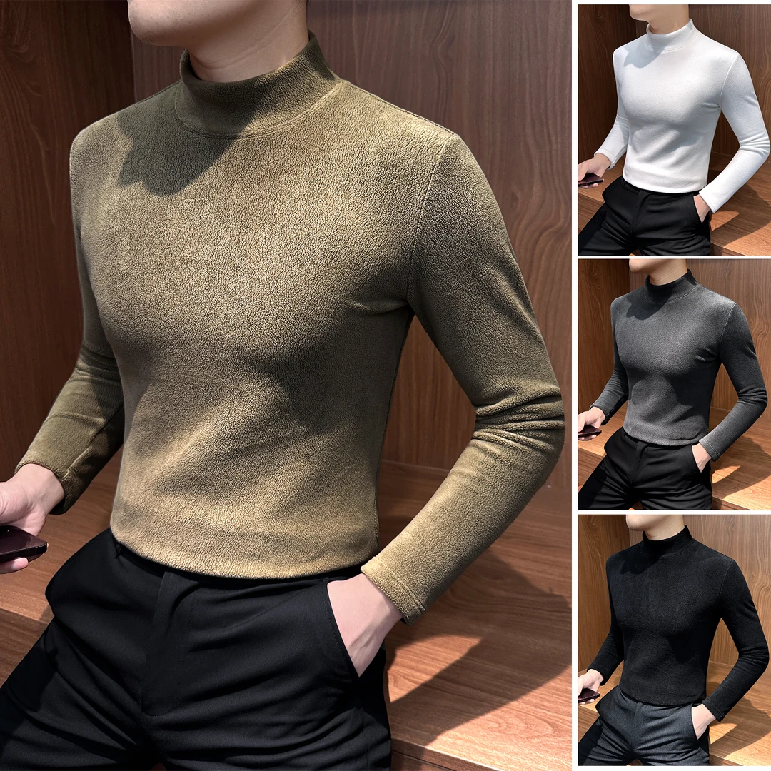 双面绒半高领男士打底衫冬季保暖休闲男装加厚款内搭男款长袖T恤
