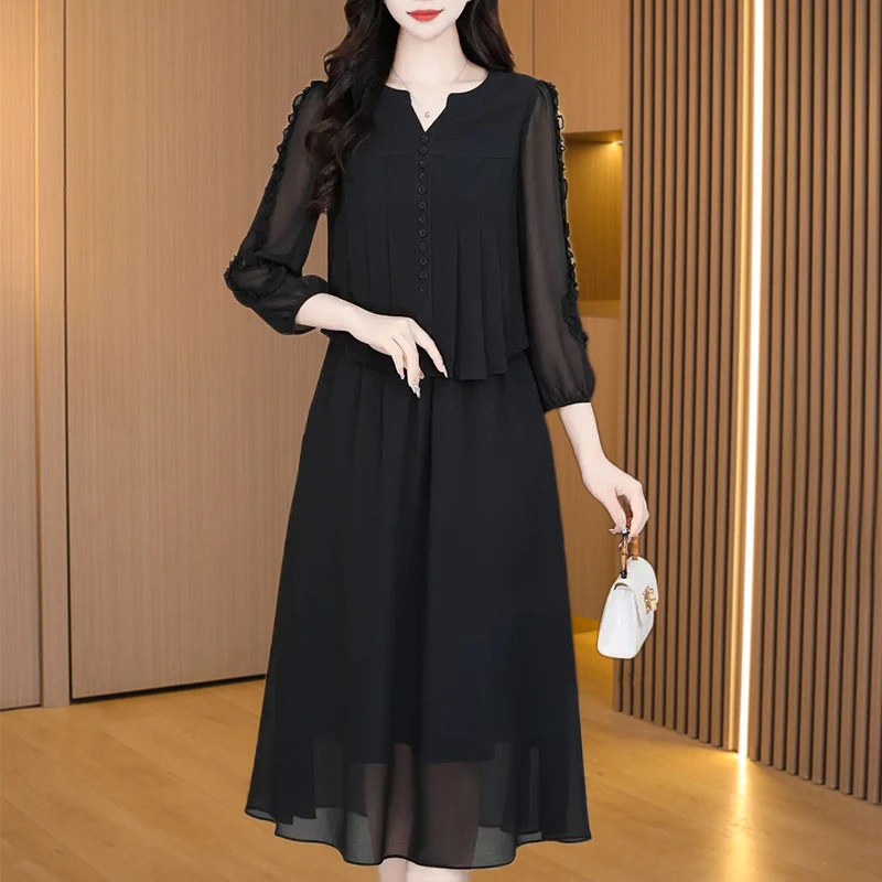 法式假两件黑色连衣裙女2025春夏长袖气质高端遮肚子广州沙河裙子