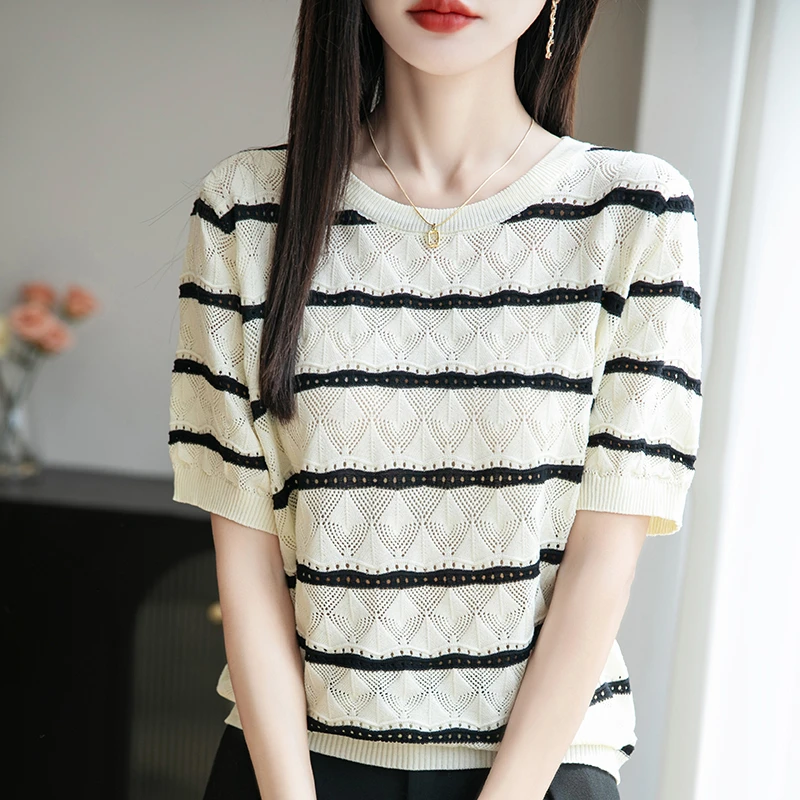 品牌夏季新款条纹针织衫短袖t恤时尚圆领镂空宽松上衣