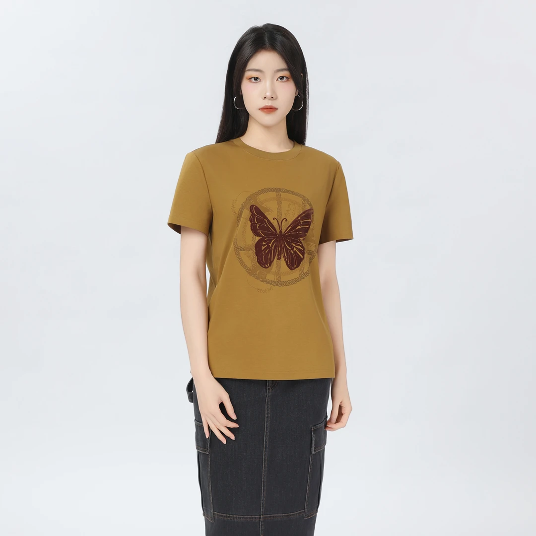 AMASS/阿玛施春季新款纯棉圆领休闲蝴蝶印花短袖T恤530082