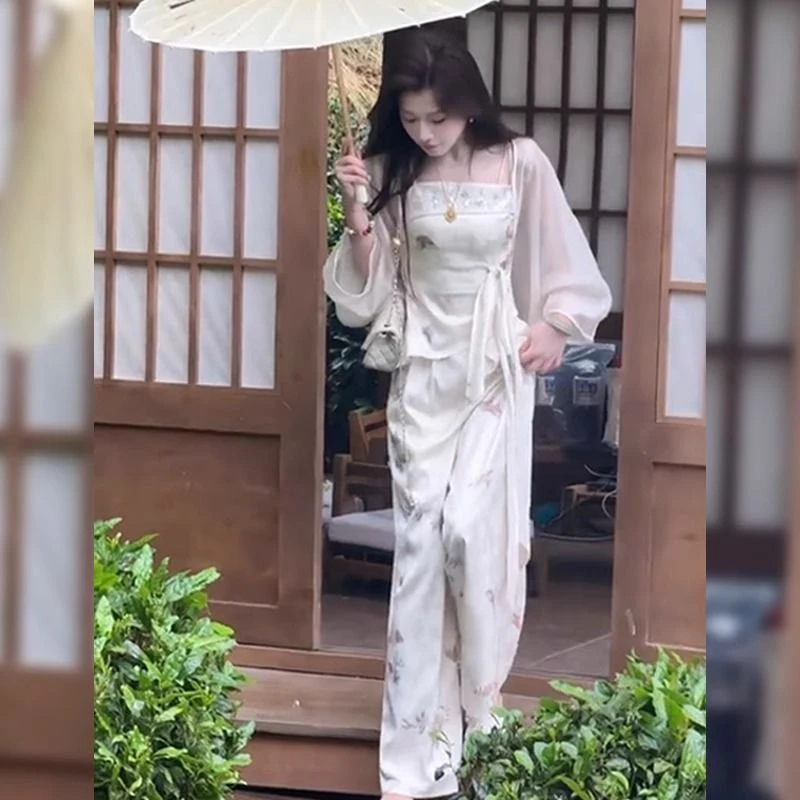 新中式气质超仙防晒开衫国风吊带上衣阔腿裤女装2025夏季新款套装