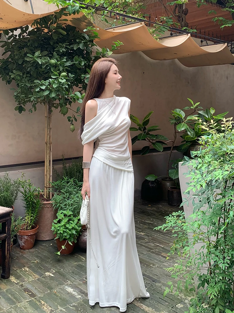 轻奢夏季新款时尚气质斜肩设计感上衣女+长款垂感半身裙套网红款