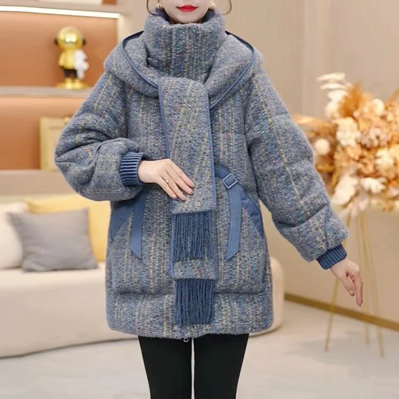 格纹围巾连帽棉衣女2025秋冬舒适保暖棉袄时尚优雅氛围感穿搭棉服