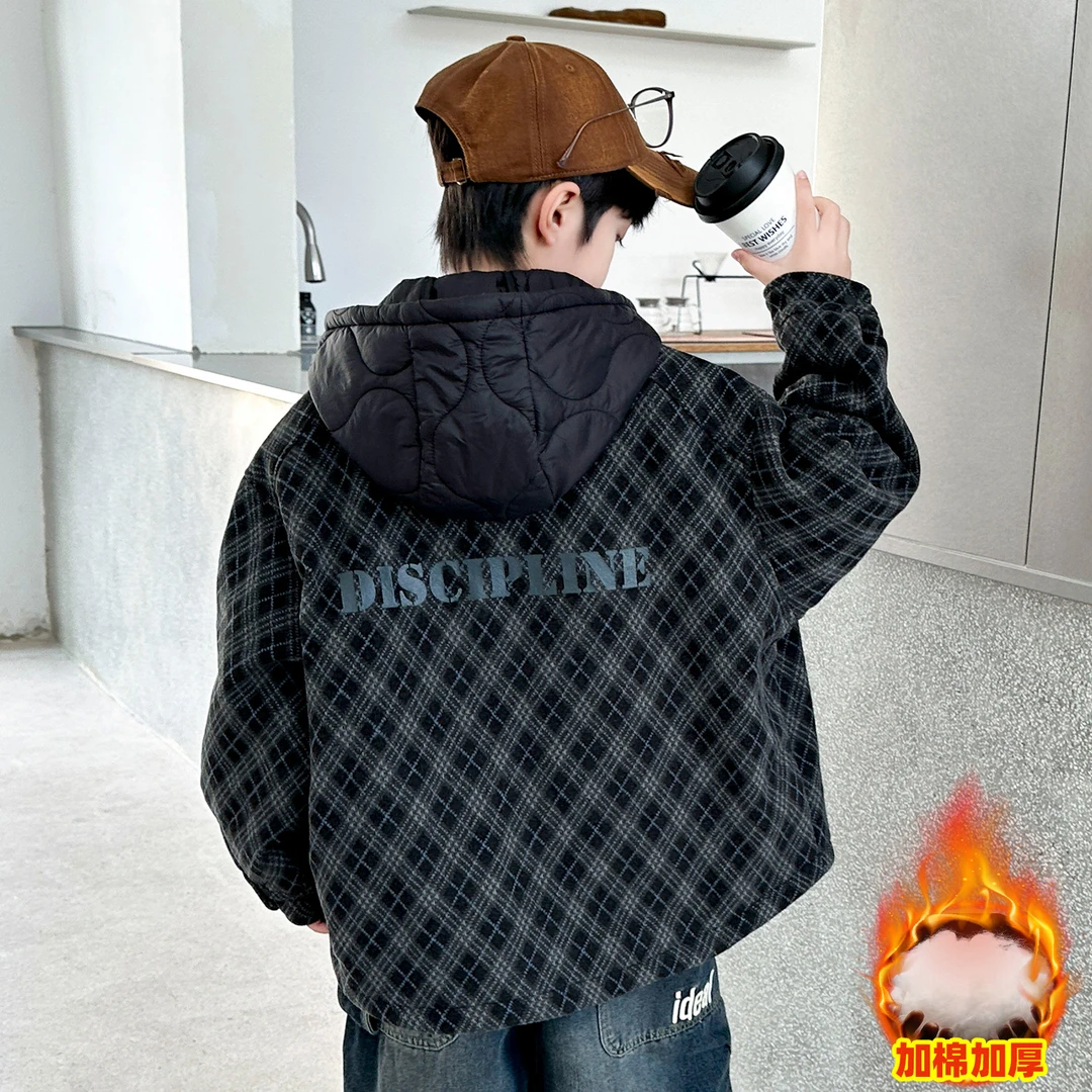 2025男童秋冬新款外套格子连帽加厚格子冬装保暖复古