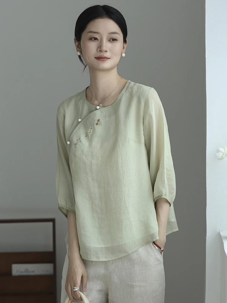 25夏季新款文艺国风圆领100纯苎麻刺绣衬衫简约百搭休闲上衣女