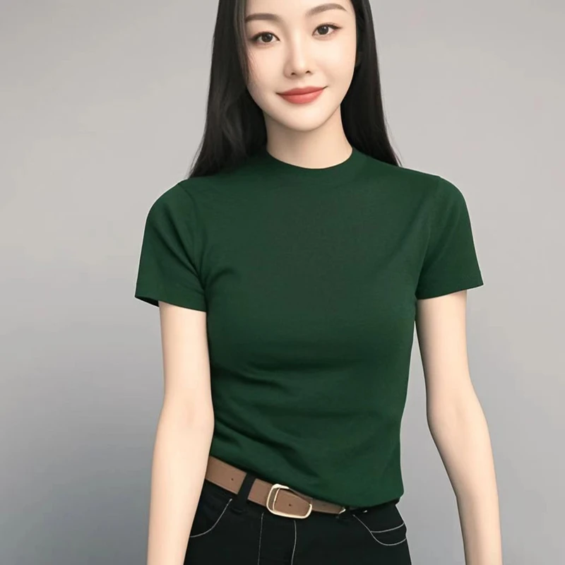 墨绿色正肩短袖t恤女2025夏季新款修身显瘦百搭圆领棉质纯色上衣