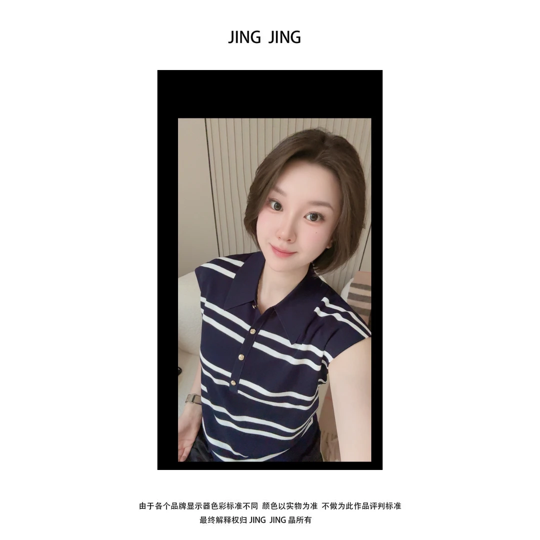 JING JING推荐【蒙蒙条纹翻领砍袖针织T恤】运动显瘦休闲针织衫时尚