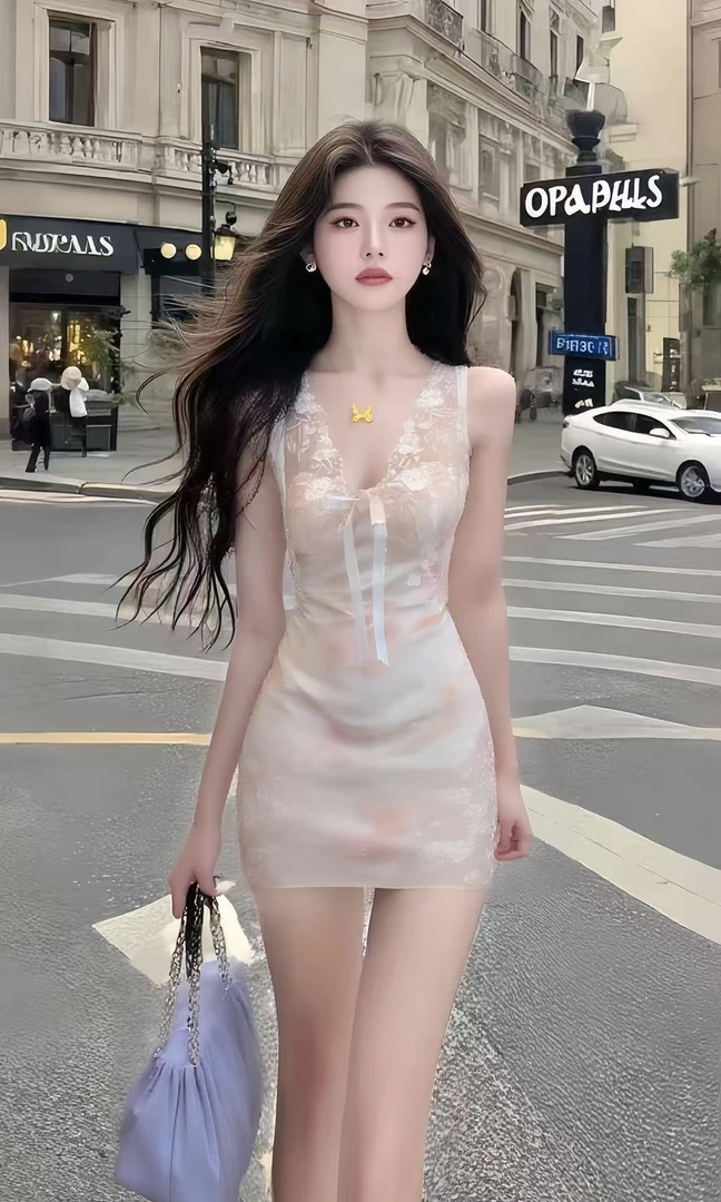 新款法式温柔知性风杏色修身V领无袖收腰包臀连衣裙女氛围感女装