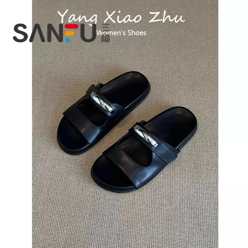 三福法式金属扣一字拖女2025新款夏季百搭厚底沙滩鞋魔术贴凉拖鞋