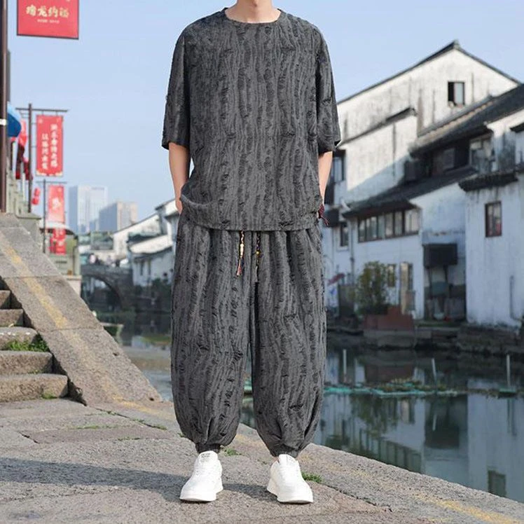薄款轻奢中国风破洞宽松两件套夏季短袖长裤时尚男士汉服套装T恤