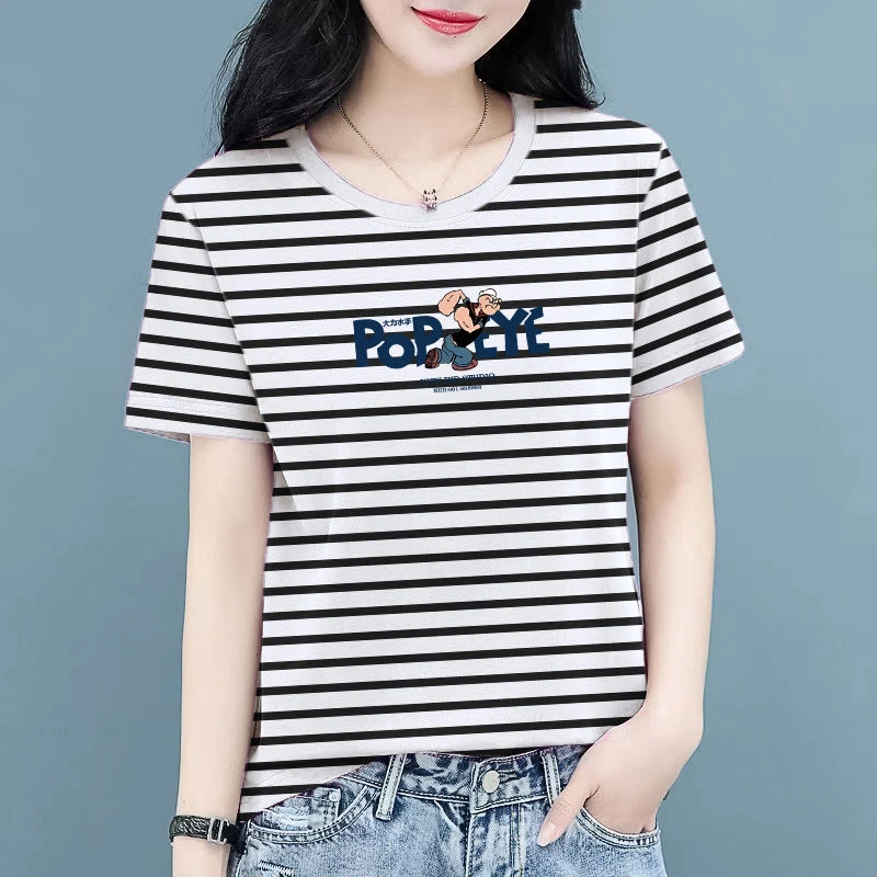 正肩短袖恤女新款夏季黑白条纹百搭减龄洋气圆领纯棉大码上衣潮