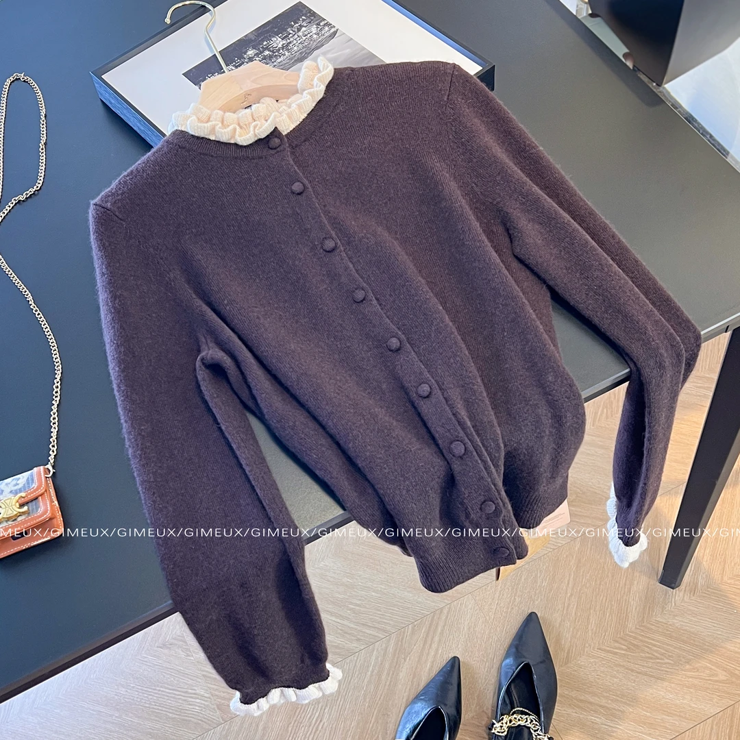 毛针织衫女开衫外套2025新款春秋设计感撞色花边洋气时尚减龄毛衣