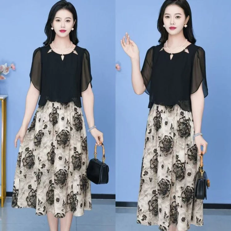 夏季新款高档母亲节短袖假两件连衣裙女洋气减龄遮肉显瘦休闲裙子