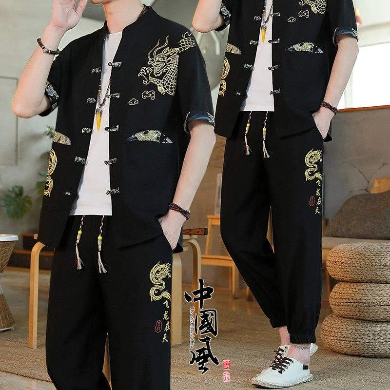 唐装男士夏季中国风套装新中式休闲宽松开衫立领外套汉服时尚套装