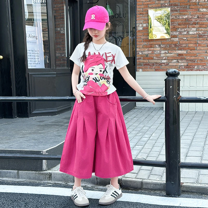 女童夏季套装2025新款炸街洋气卡通短袖休闲夏装九分阔腿裤两件套