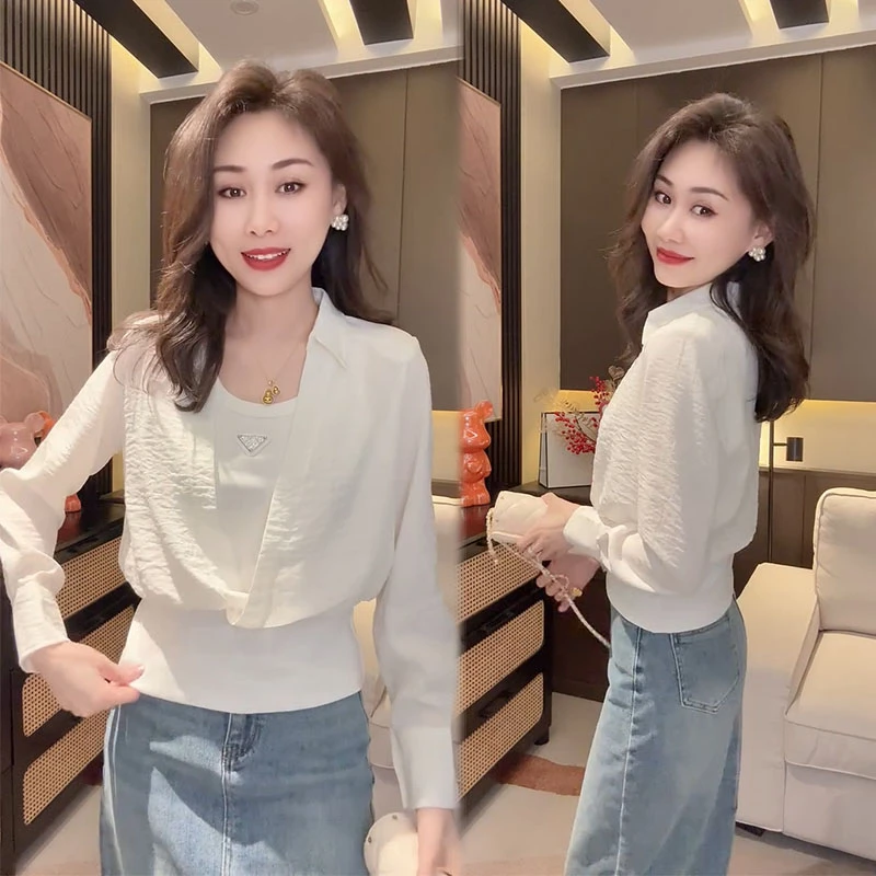 韩版纯色拼接宽松长袖衬衫春季新款短款女装时尚洋气假两件上衣
