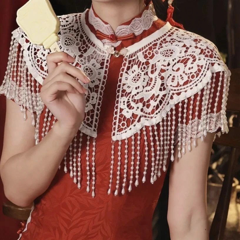 万能旗袍云肩披肩珍珠流苏云肩披肩外搭新中式改良复古蕾丝中国风