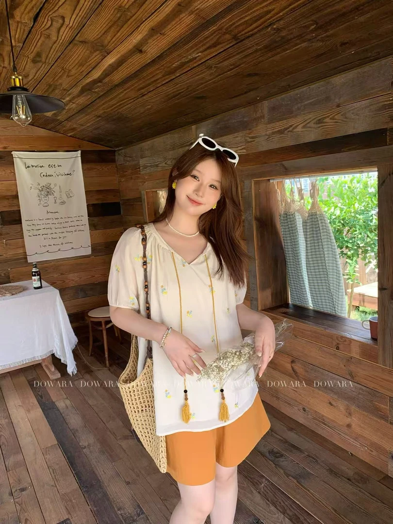 现货9560X大婉酱肉肉微胖定制【花息套装】抽绳上衣+简约短裤套装