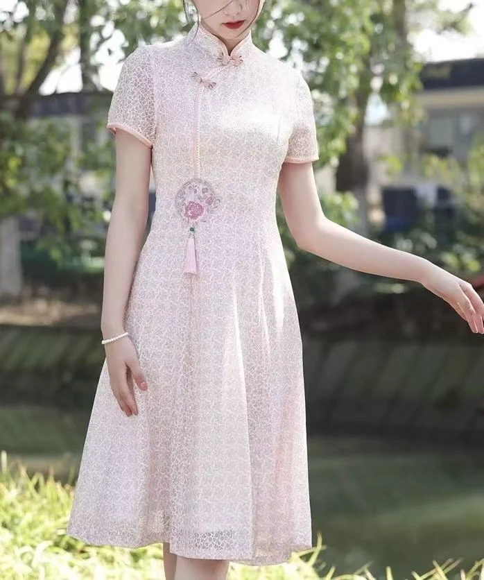 D676夏季蕾丝粉色气质2025年新款中国风