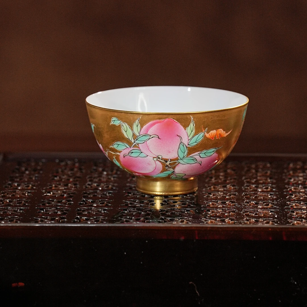 徐窑丨金地五桃鸡心杯"高：4.5cm口径：8.3cm容量：80ml"景德镇陶瓷