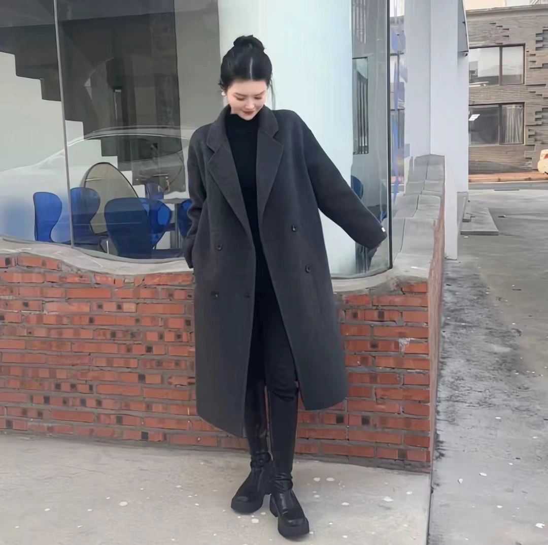 【潘嘻嘻】女士100%初剪羊毛时尚双面羊毛大衣小个子外套8109