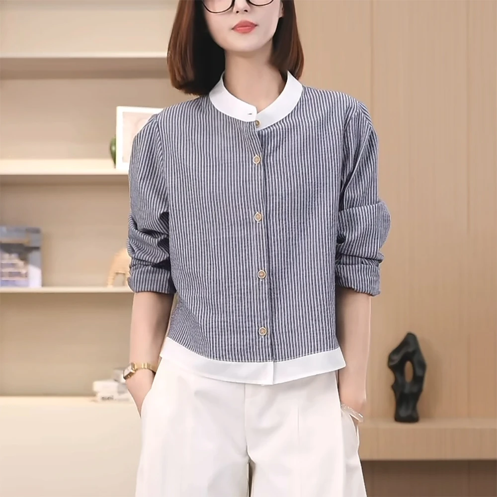 圆领条纹衬衫女2025新款秋季高级感时尚洋气减撞色宽松设计感上衣