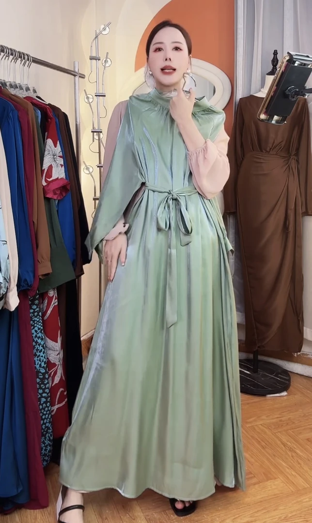 豆绿色 - 春季珠光棉轻奢设计师气质连衣裙时尚宽松复古显瘦长款