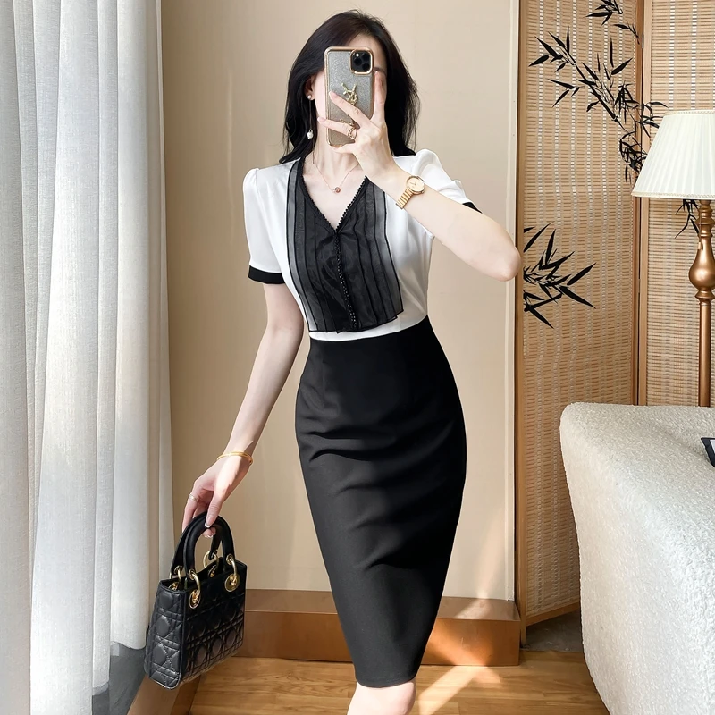 名媛气质法式连衣裙女夏2025新款女神范洋气收腰显瘦包臀小黑裙子