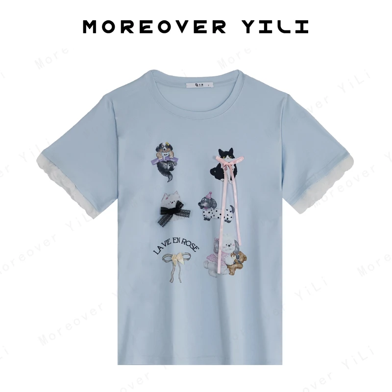 Moreover YiLi汪星人蝴蝶结派对T恤女2025新款夏季韩版圆领短袖