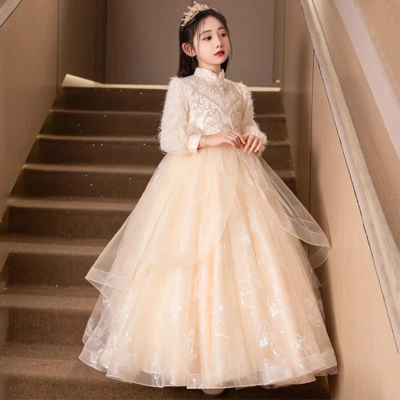 女童礼服主持人秋冬花童小女孩高端轻奢儿童生日公主裙钢琴演出服