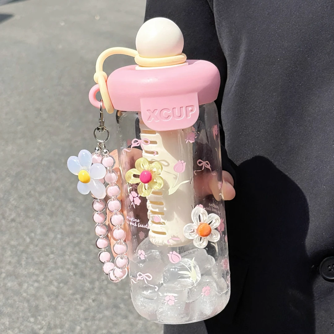 可爱花朵玻璃杯高硼硅耐高温女生户外便携带提绳茶水分离大容量