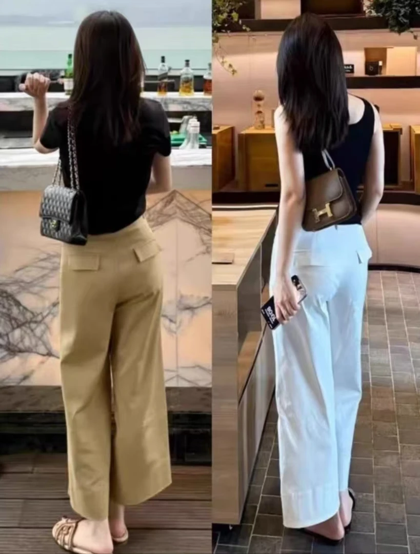 卡其色高腰直筒阔腿休闲裤女夏季新款显瘦梨形身材小个子九分裤