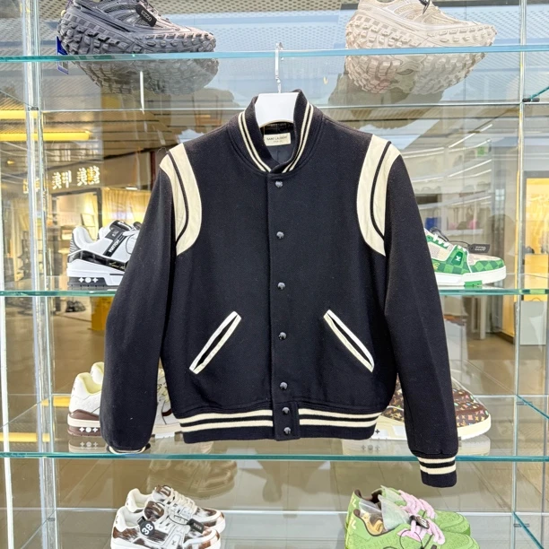 95新 YSL/圣罗兰 50码 条纹棒球衫夹克羊毛外套0547