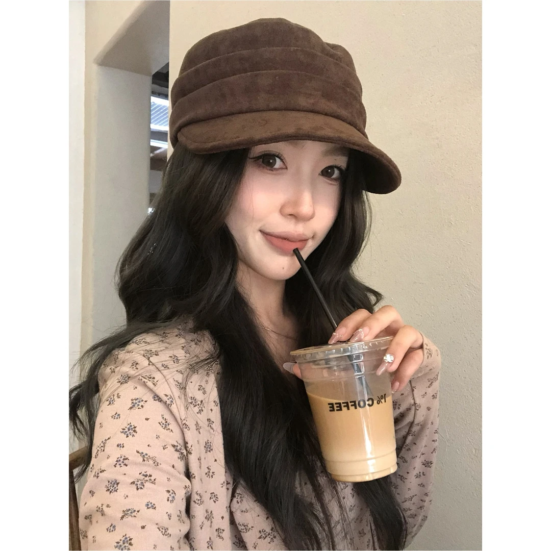 咖色秋冬复古百搭麂皮绒鸭舌帽保暖多层褶皱平顶帽子女小众日系